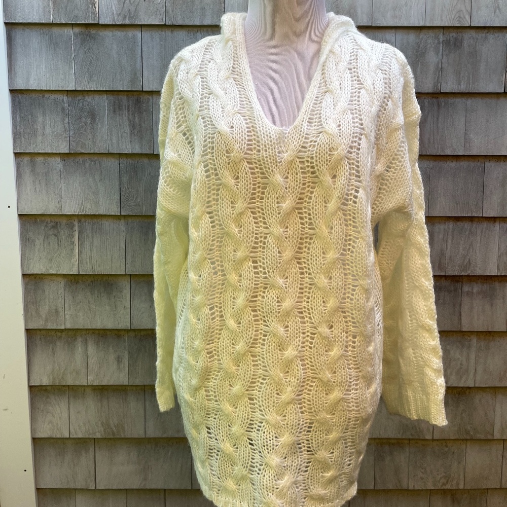 Women's Cable Lace Knit Sweater Tunic Hoodie Cotton Blend Sz S/M White Comfy